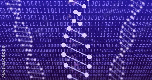 Image of data processing with dna strands on blue background