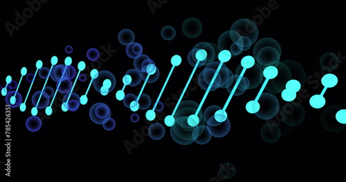 Image of dna strand over bubbles on black background