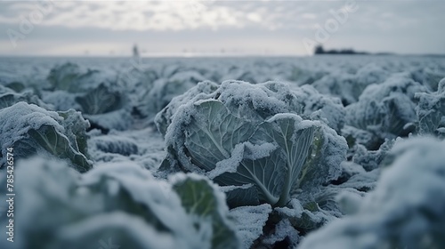 Field with frozen cabbage heads. Spoiled harvest of cole. Frosty weather. Outdoor farm background.