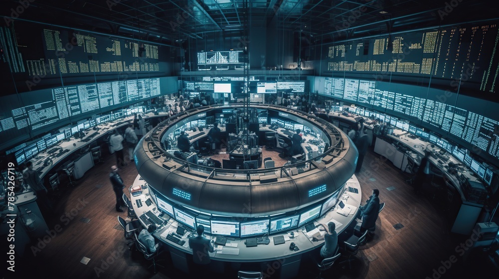 Illustration of trading floor, stock market exchange indoor backgrounds with round workplaces and displays showing financial data. Businesspeople.