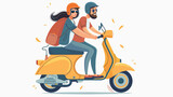 Couple on a scooter. Happy riding together. Flat style