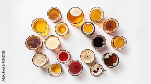 Many different types of beer. Top view.
