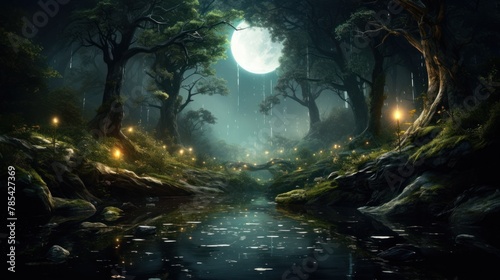 Night view of the fantasy dark forest.