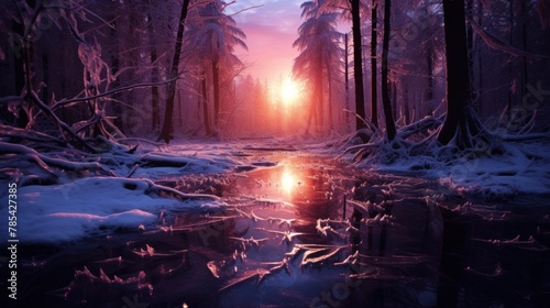 Night view of the fantasy dark winter forest.