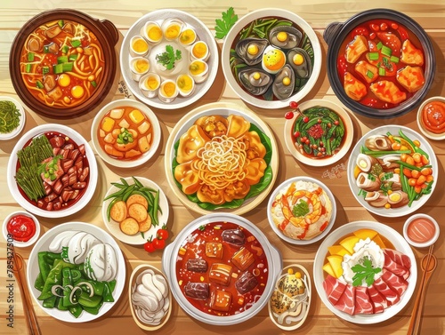 Look! It's a top view of batch cooking with a round card! There are so many delicious dishes prepared and ready to enjoy! Let's use the card to label each dish 