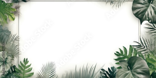 Silver frame background  tropical leaves and plants around the silver rectangle in the middle of the photo with space for text