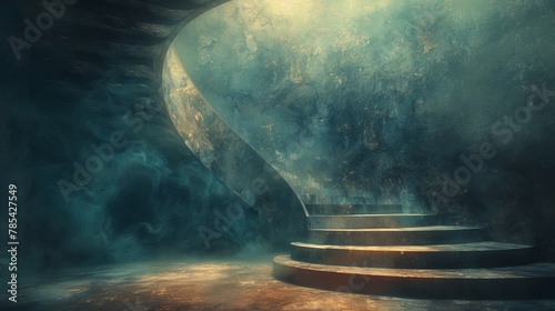 Surreal Infinity Staircase in Dimly Lit Studio, Evoking Mystery and Intrigue Concept.
