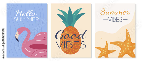 Summer posters are set with the theme of good vibes and positive energy, featuring pineapple, starfishes, and pink flamingo. It is a vector illustration set.