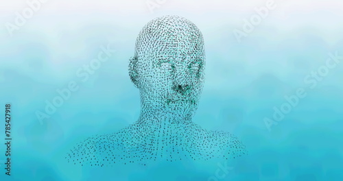 Image of human head formed with binary coding spinning over blue background photo