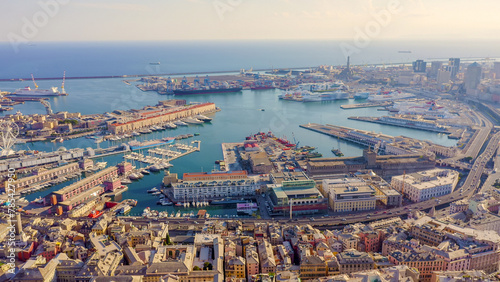 Genoa, Italy. Central part of the city, aerial view. Ships in the port, Aerial View