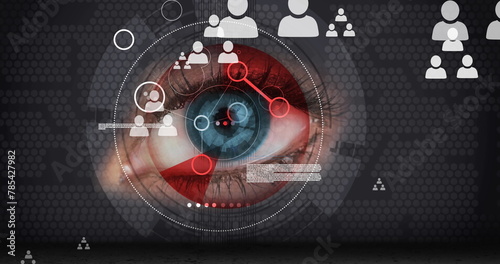 Image of people icons, data processing scope scanning over woman's eye photo