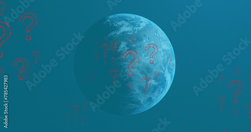 Image of red question marks flying over blue globe on blue background