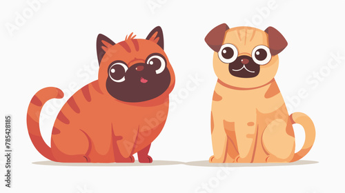 Cute red cat and pug dog pet friends together. Funny