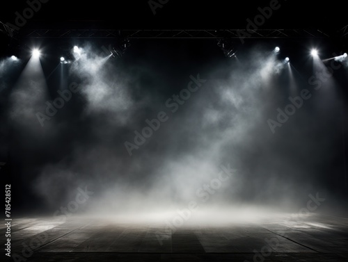 Silver stage background, silver spotlight light effects, dark atmosphere, smoke and mist, simple stage background, stage lighting, spotlights