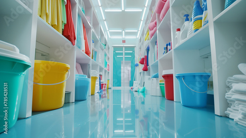 Janitorial room showcasing an array of cleaning supplies. © vlntn