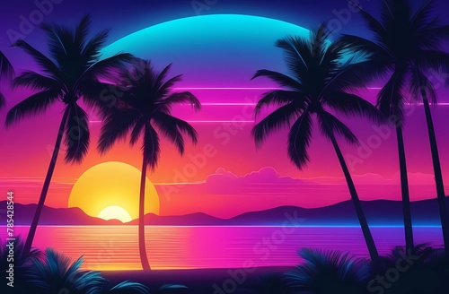 Tropical background with sunset or sunrise in retro style neon light. Palm trees and sun