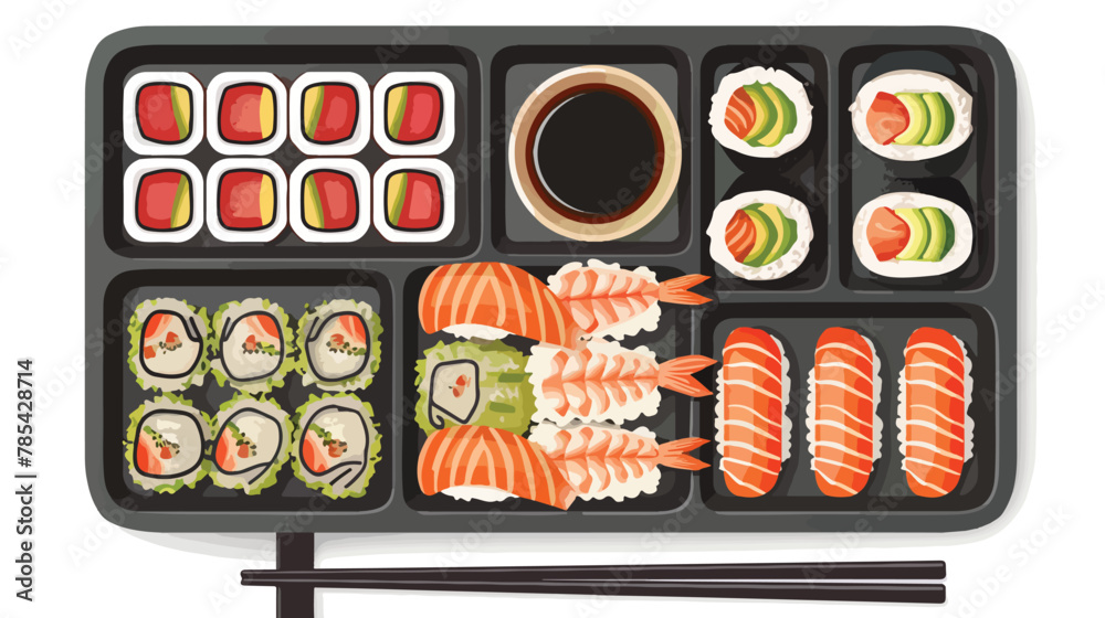 Delicious oriental takeaway sushi set on partitioned