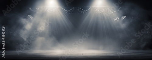 Silver stage background, silver spotlight light effects, dark atmosphere, smoke and mist, simple stage background, stage lighting, spotlights