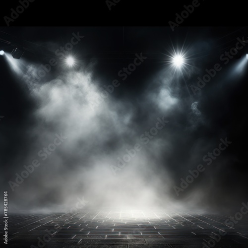 Silver stage background, silver spotlight light effects, dark atmosphere, smoke and mist, simple stage background, stage lighting, spotlights