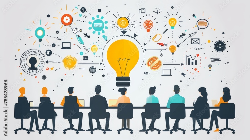 Minimalist vector illustration of a group of business colleagues brainstorming ideas via video conference. Minimalist vector illustration of a group of business colleagues brainstorming ideas via video conference.