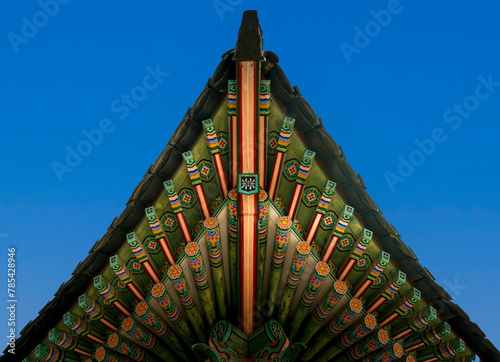 The underneath perspective of a Korean temple roof