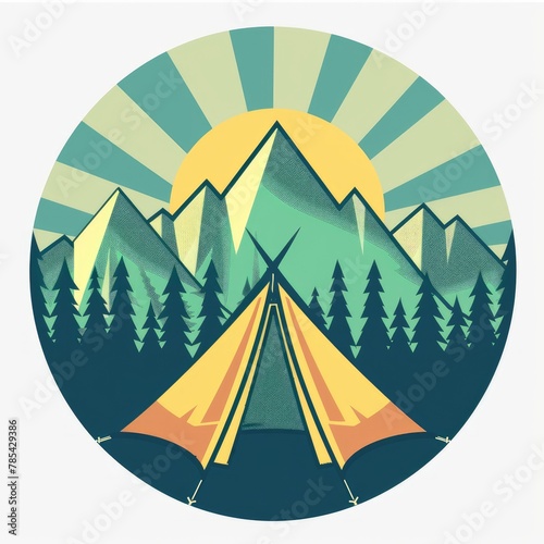 Circular logo with tent and mountains. Camping and staying in nature. photo