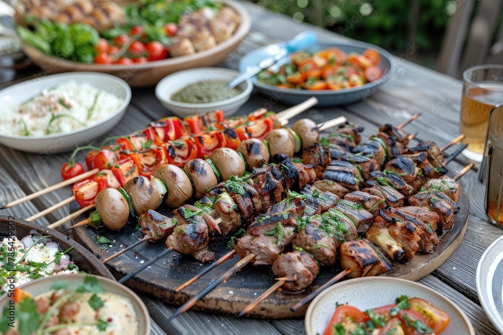 Dinner table with grilled lamb kebab, chicken skewers with roasted vegetables and appetizers variety serving on wooden outdoor table.