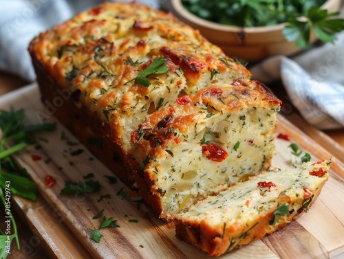 Savory loaf cake! It's filled with tasty ingredients like cheese, herbs, and maybe some olives or sun-dried tomatoes! Let's slice it up and enjoy it as a delightful snack or part of a cozy meal! 