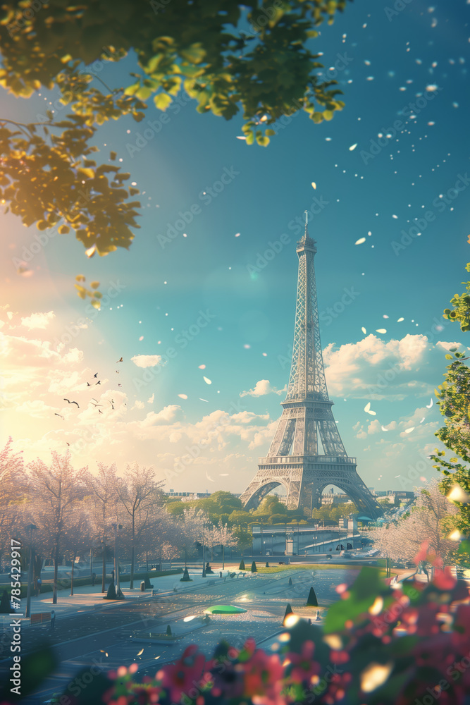 Eiffel Tower at sunset in Paris, France. Romantic travel background