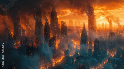 Cityscape in a Future World Dealing with Intense Heat, Characters Moving Through a Metropolis of Melting Skyscrapers photo