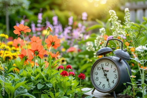 Alarm clock on nature backdrop with flowers marking daylight saving end and transition to fall