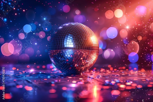 A sparkling disco ball reflects colorful lights on a shiny surface, creating a vibrant and festive atmosphere.