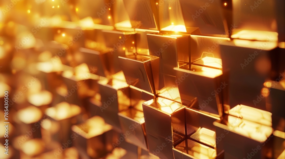 Abstract background featuring dynamic array of glowing golden cubes with bokeh effect. Abstract background featuring dynamic array of glowing golden cubes with bokeh effect.