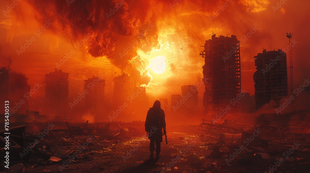 Fototapeta premium Lone Survivor Navigating a City Amid Melting Buildings, Heat Distortion, Intense Tension, and Fiery Tones, Evoking an Apocalyptic Cinematic Scene.