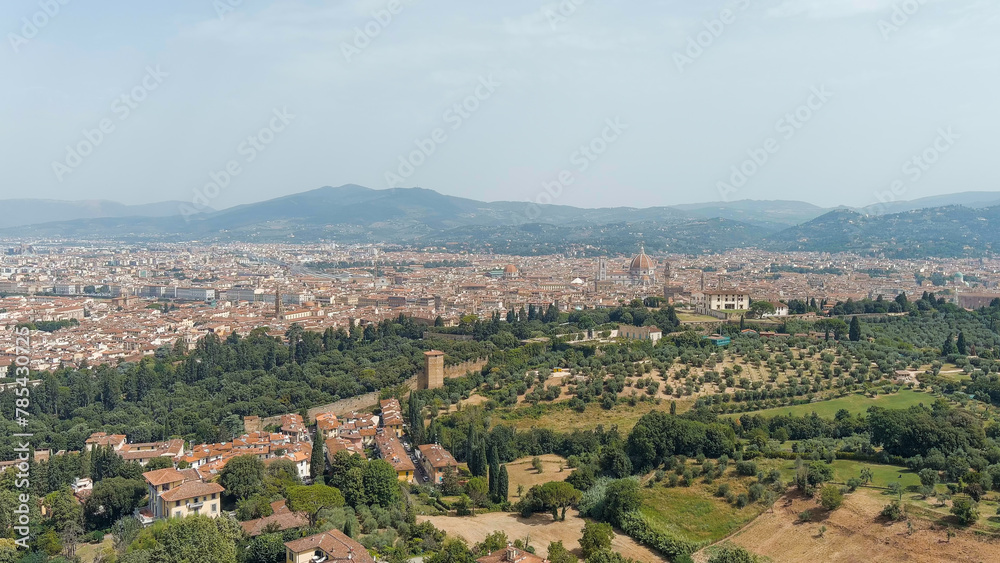 Florence, Italy. Panoramic view of the city. Dome of Cathedral Santa Maria del Fiore. Summer, Aerial View