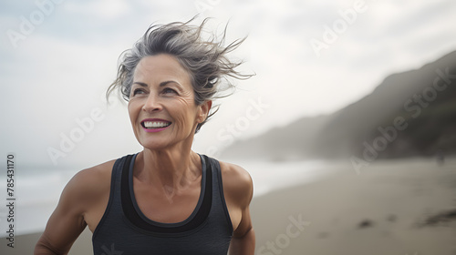 Cheerful mature woman running on the beach on a sunny day. Beautiful middle aged woman laughing, being active and having fun during summer vacation. #785431170