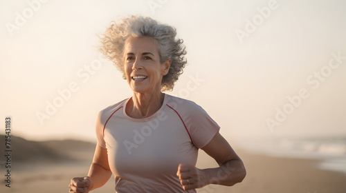 Cheerful mature woman running on the beach on a sunny day. Beautiful middle aged woman laughing, being active and having fun during summer vacation. #785431183
