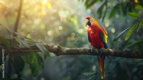 Vibrant Scarlet Macaw Perched in Lush Rainforest at Sunset photo