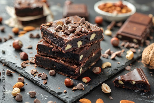 A stack of chocolate brownies with nuts and chocolate chips on a slate board with a bowl of nuts