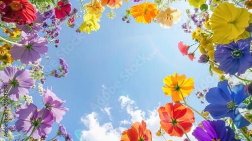 Vibrant Blooms Against a Clear Blue Sky  Summer Floral Composition on Nature Background