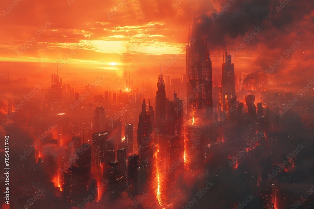 Obraz premium Melting Skyscrapers in a Dystopian Cityscape Under the Scorching Sun, Creating an Apocalyptic Mood with Harsh Shadows and Desaturated Colors Concept.