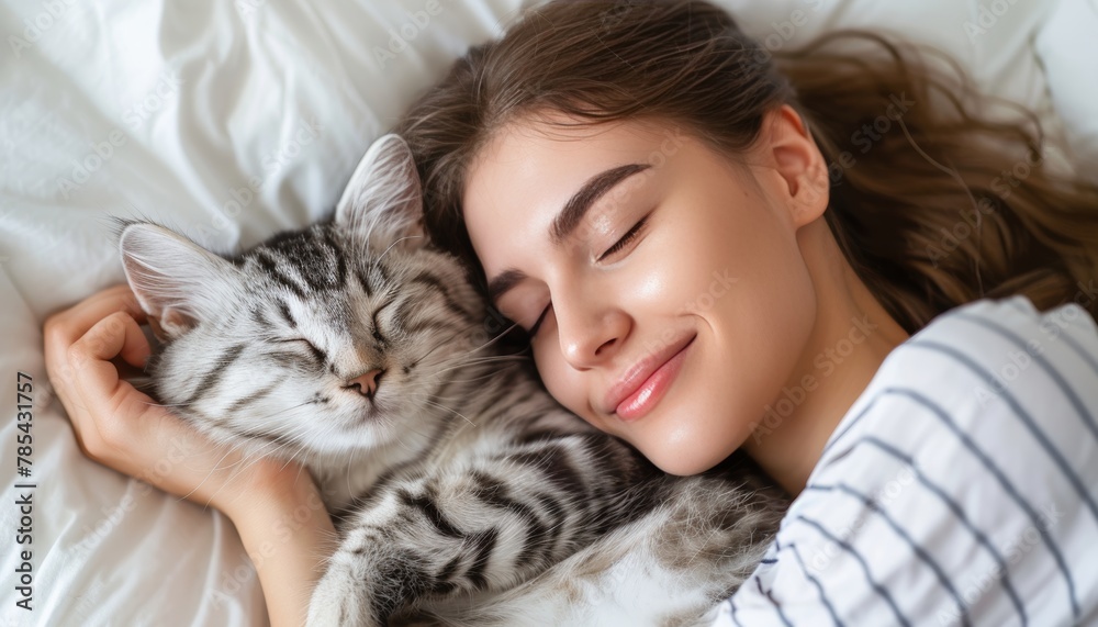 Serene scene young woman and cat peacefully napping together on a cozy white bed at home Serene scene young woman and cat peacefully napping together on a cozy white bed at home