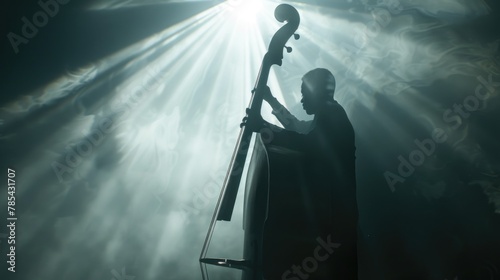 Silhouette of a Musician Playing Double Bass Under Dramatic Stage Lighting