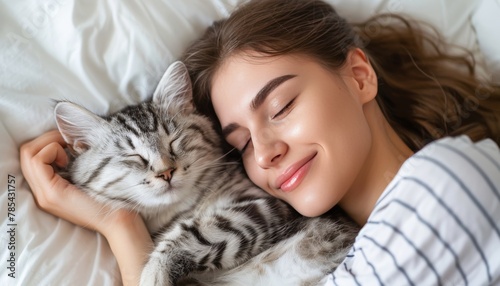 Serene scene young woman and cat peacefully napping together on a cozy white bed at home