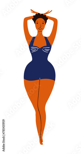 Young woman in swimsuit, sunbathing cute cartoon character illustration. Hand drawn flat style design, isolated vector. Summer holiday, vacations, outdoors, beach activity, pool party element