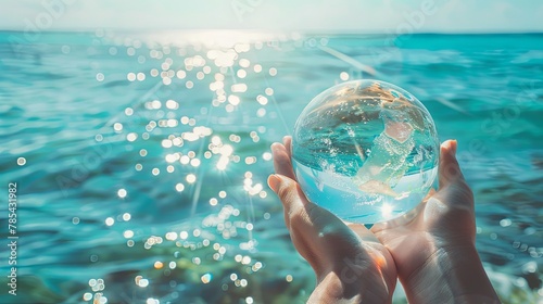 Crystal globe in hands against sparkling ocean background