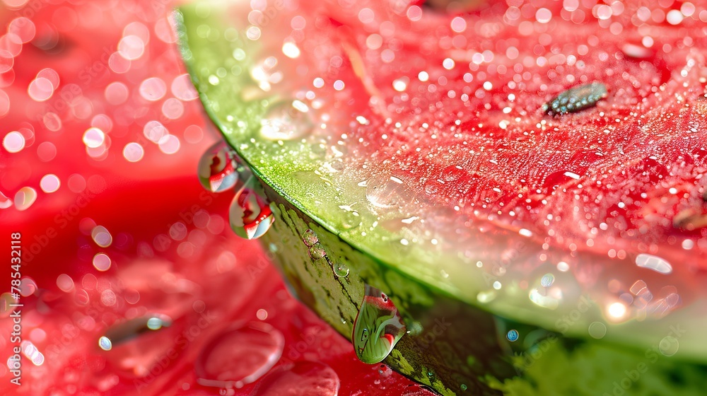 Refreshing watermelon slice with water droplets closeup Refreshing watermelon slice with water droplets closeup