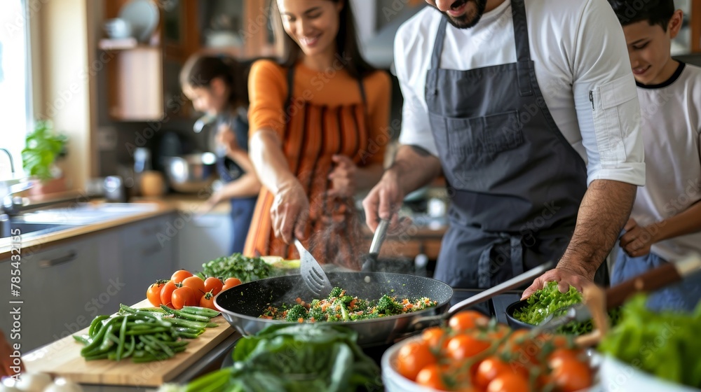 Vibrant Interactive Cooking Class Featuring Engaged Participants and Healthy Recipes in a Bright and Cheerful Atmosphere, Promoting Culinary Creativity and Wellness.