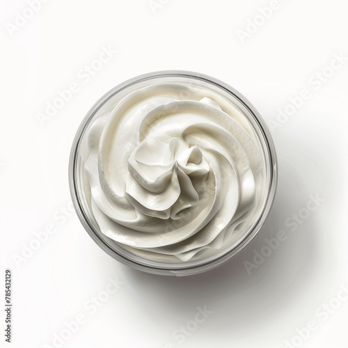 White jar of cream, close up, top view. White background with soft shadows. Space for text.