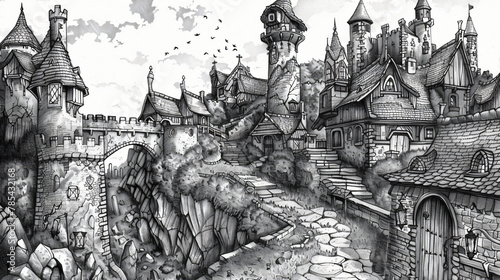 Pencil and ink illustration of a medieval fantasy vill photo